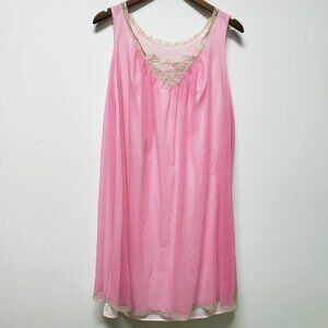 𝅺VTG  Lingerie Pink Chiffon Nylon Baby Doll Nightie Gown Lace Coquette
